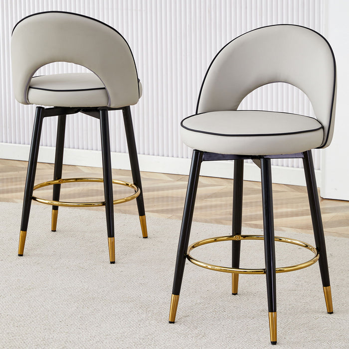Set of 2 Giga modern upholstered bar stools with 360° swivel and metal legs, perfect for dining room seating.