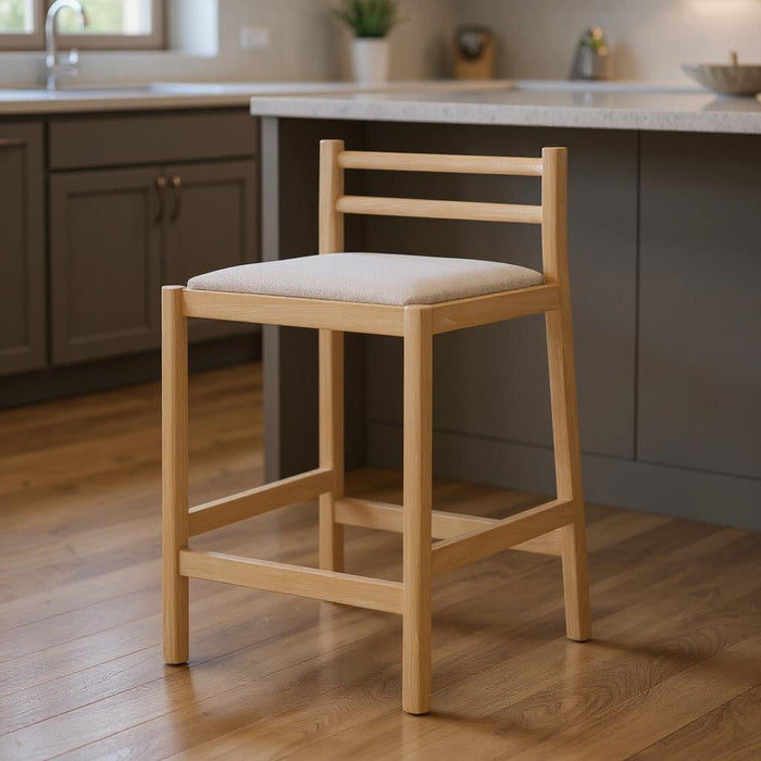 Fabric Solid Wood Low Back Counter Height Bar Chair - Beige