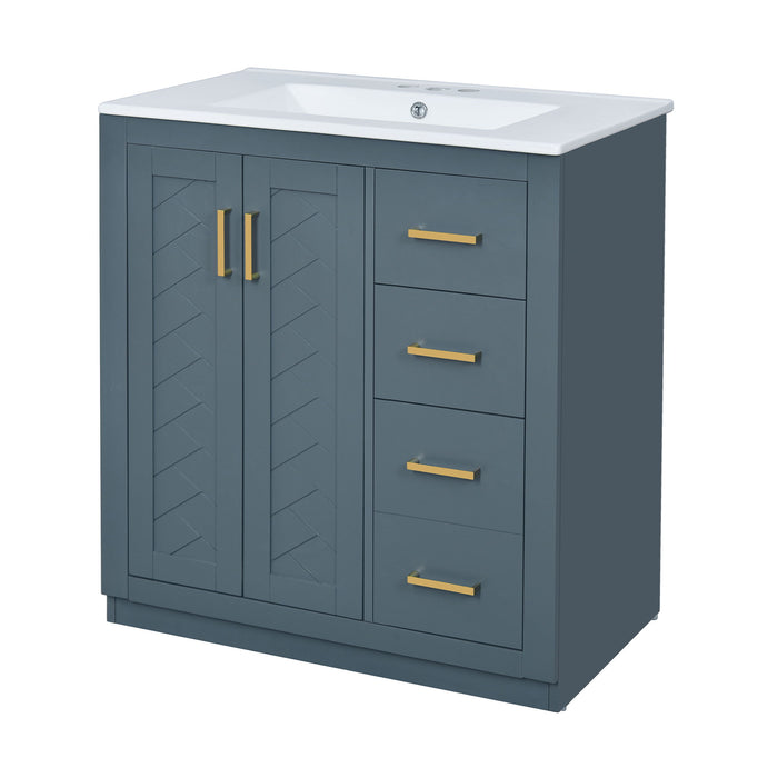 Giga bathroom vanity with sink, storage cabinet, three drawers, and soft-closing doors in a freestanding set.