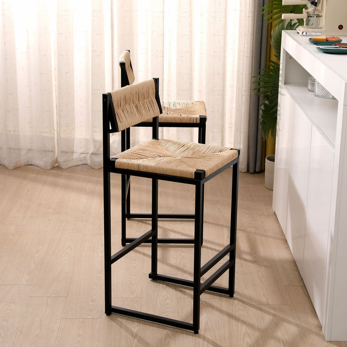 Set of 2 Giga paper rope weave bar stools with back support, ideal for kitchen island, bar, or counter seating.