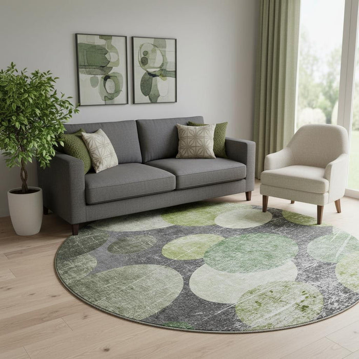 8' Abstract Washable Round Rug With UV Protection (648907) - Green / Ivory / Gray