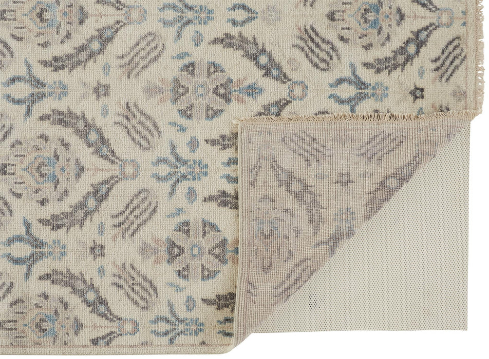 8' x 10' Wool Floral Hand Knotted Stain Resistant Area Rug - Ivory Gray And Blue