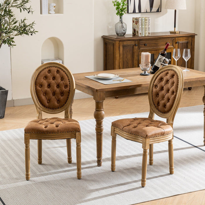 French style solid wood frame dining chair set with antique painting design, nailhead trim, and wooden legs by Giga.