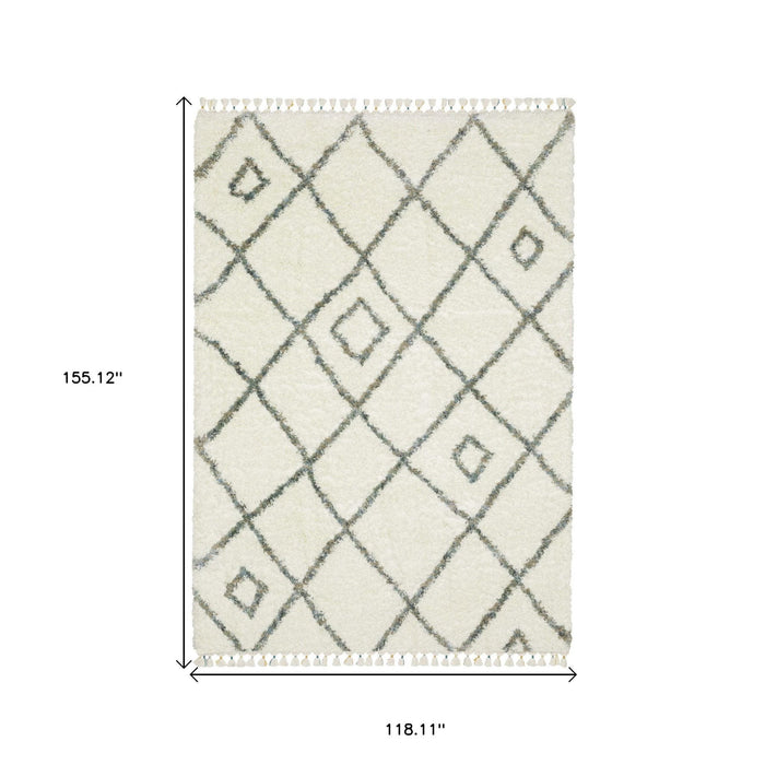 10' X 13' Casual Diamond Shag Area Rug With Fringe - Ivory