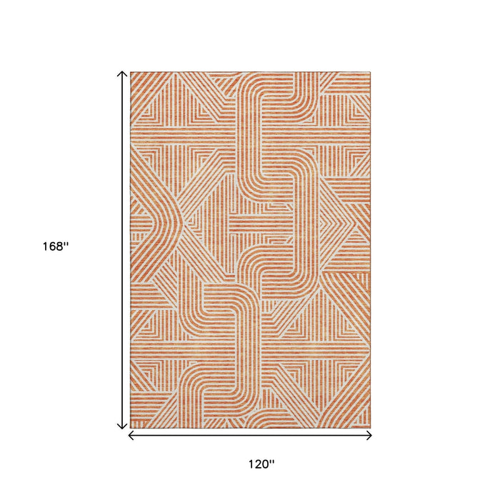 10' X 14' Abstract Geometric Washable Area Rug With UV Protection (672929) - Orange / Ivory