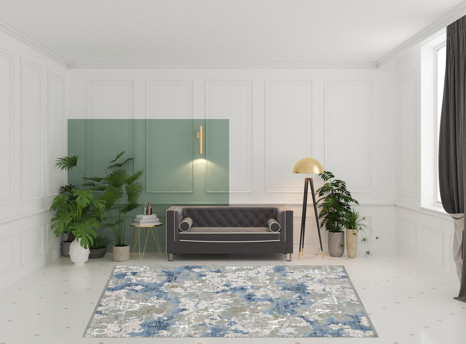 7.9' x 10.8' Abstract Power Loom Stain Resistant Area Rug - Grey Blue Ivory Navy Beige And Brown