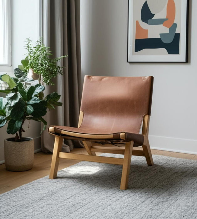 Genuine Leather And Solid Wood Slipper Chair - Brown