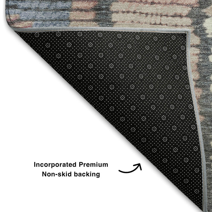 10' X 14' Tribal Washable Area Rug With UV Protection (709030) - Denim Blue / Blush / Ivory