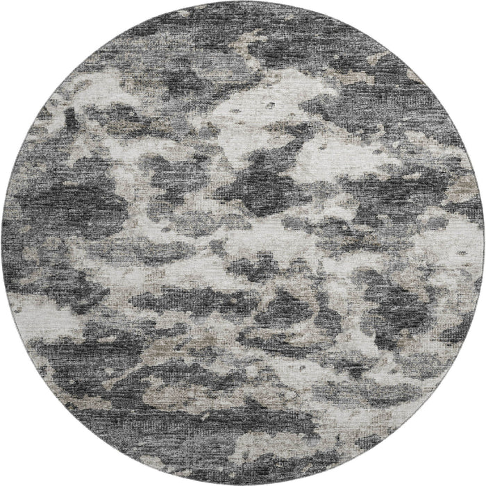 8' Abstract Washable Round Rug With UV Protection - Black And Ivory