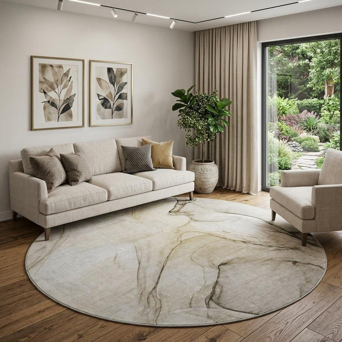 8' Abstract Washable Round Rug With UV Protection (646605) - Beige / Ivory