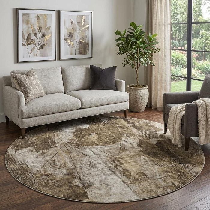 8' Floral Washable Round Rug With UV Protection (649087) - Taupe / Ivory