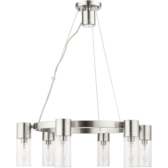 20" Six Light Metal Dimmable Chandelier With Shades - Nickel / Clear