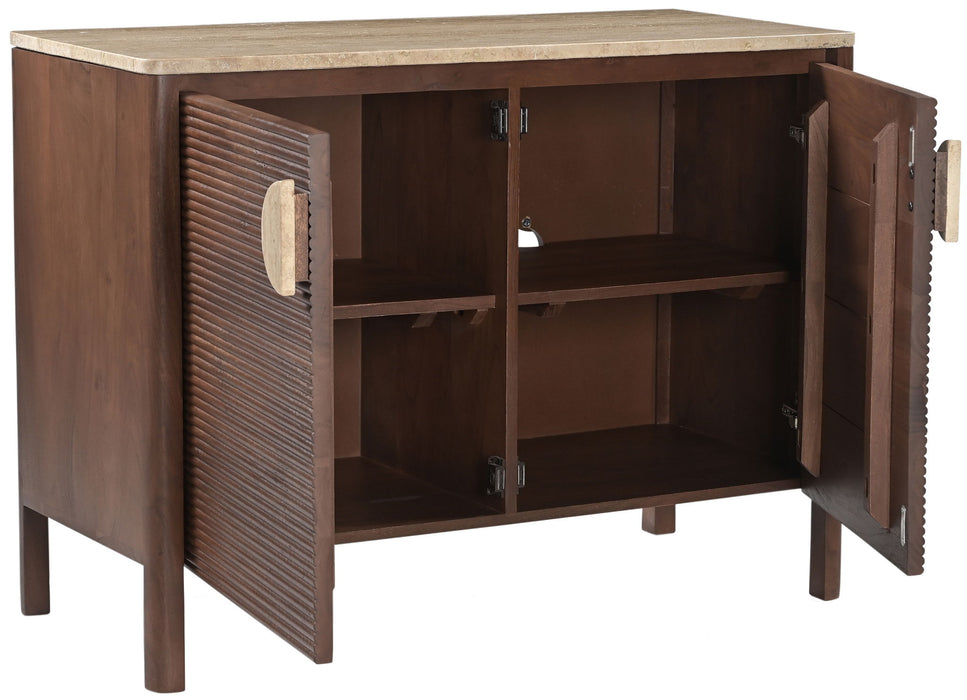 Varenna Meridian Furniture acacia wood sideboard with sleek drawers and cabinet doors, showcasing a modern buffet design.