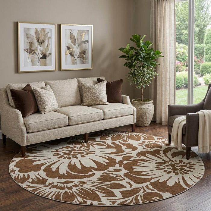 8' Floral Washable Round Rug With UV Protection (648625) - Brown / Ivory
