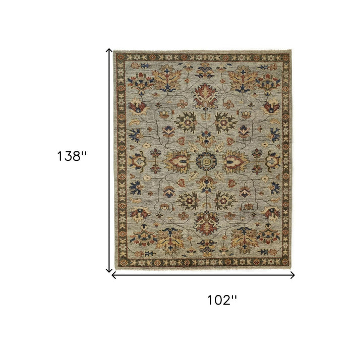 9' x 12' Wool Floral Hand Knotted Stain Resistant Area Rug With Fringe - Gray Gold And Red