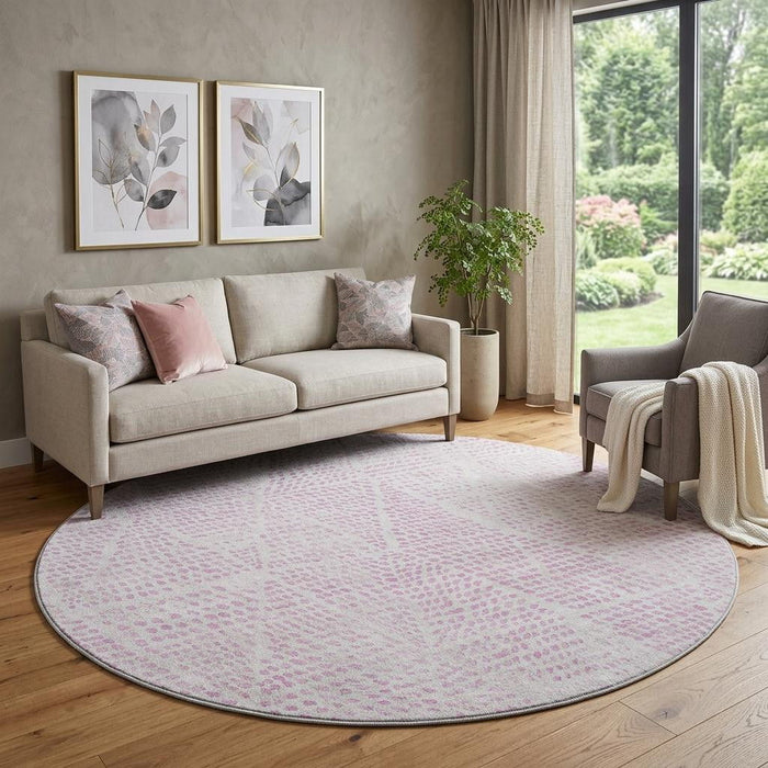8' Diamond Washable Round Rug With UV Protection (650587) - Pink / Ivory