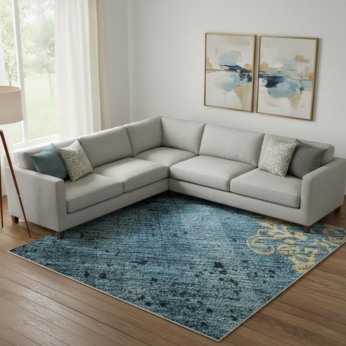 10' X 14' Floral Washable Area Rug With UV Protection (701413) - Blue / Gold
