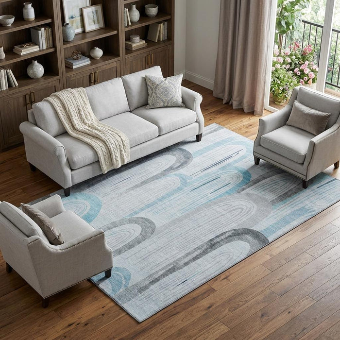 10' X 14' Geometric Washable Area Rug With UV Protection (694628) - Sky Blue / Gray / Silver