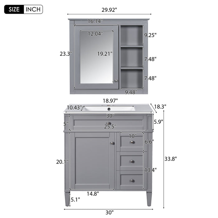 Gray Giga bathroom vanity with top sink, freestanding storage cabinet featuring two doors, three drawers, and mirror cabinet.
