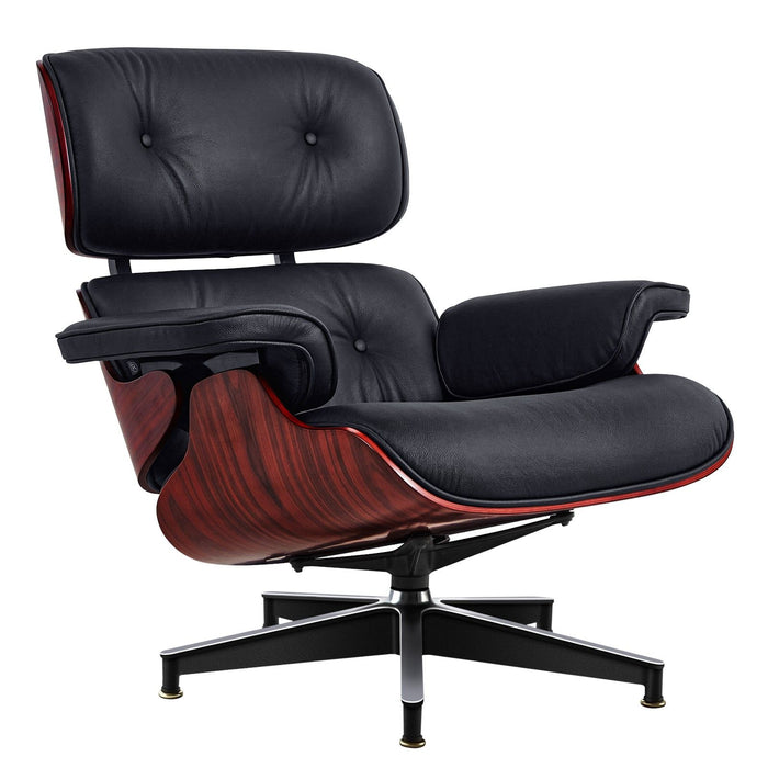 27" Tufted Genuine Leather Swivel Lounge Chair With Ottoman - Black / Rosewood
