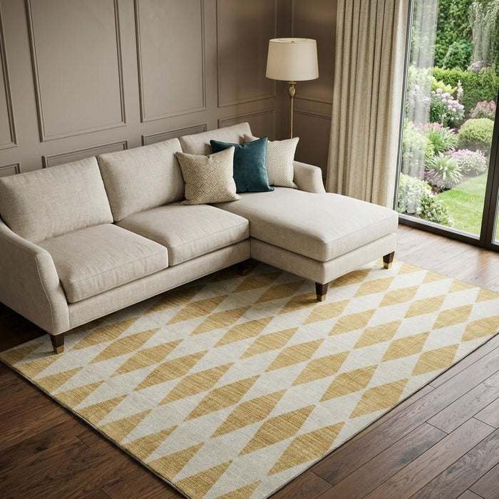 9' X 12' Diamond Washable Area Rug With UV Protection (650055) - Gold / Ivory
