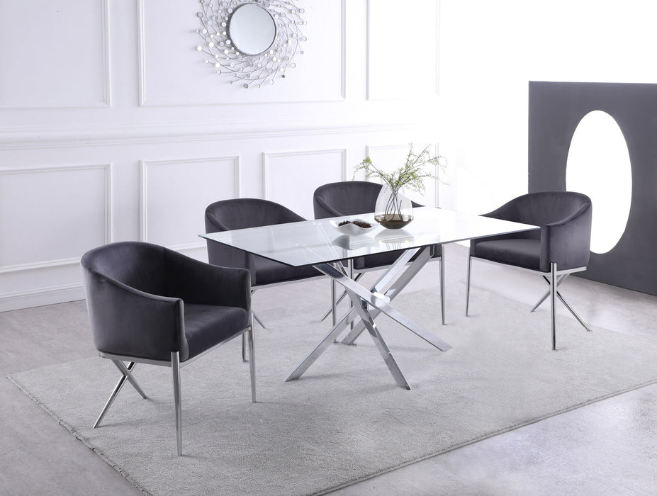 Meridian Furniture Xander dining table with a sleek wooden surface and modern design, ideal for contemporary dining rooms.