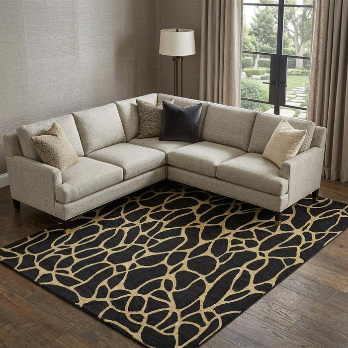 10' X 14' Geometric Washable Area Rug With UV Protection (680307) - Black / Gold