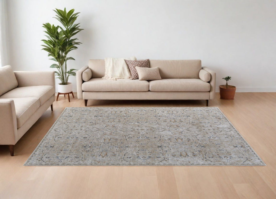 9' x 13' Abstract Power Loom Worn Faded Area Rug With Fringe - Ivory Taupe And Blue