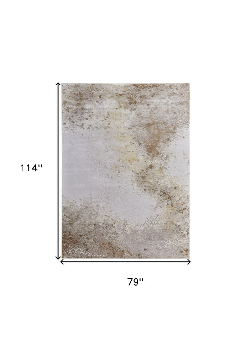 7' x 10' Abstract Power Loom Worn Faded Area Rug - Tan And Ivory