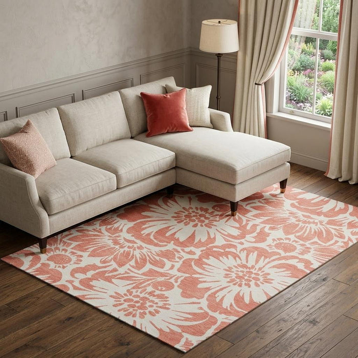 9' X 12' Floral Washable Area Rug With UV Protection (648699) - Salmon / Ivory