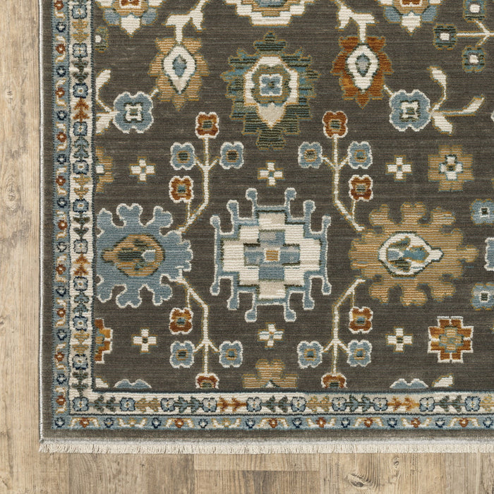 10' X 13' Floral Area Rug With Fringe (576511) - Gray / Blue / Brown