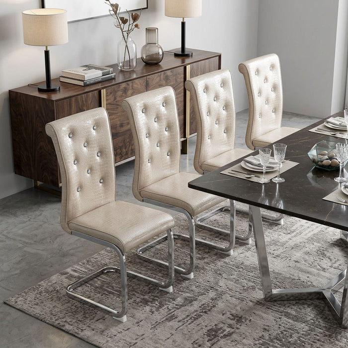 Faux Leather Metal Dining Side Chairs (Set of 4) - Beige / Silver