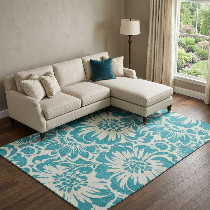 10' X 14' Floral Washable Area Rug With UV Protection (648712) - Teal / Ivory