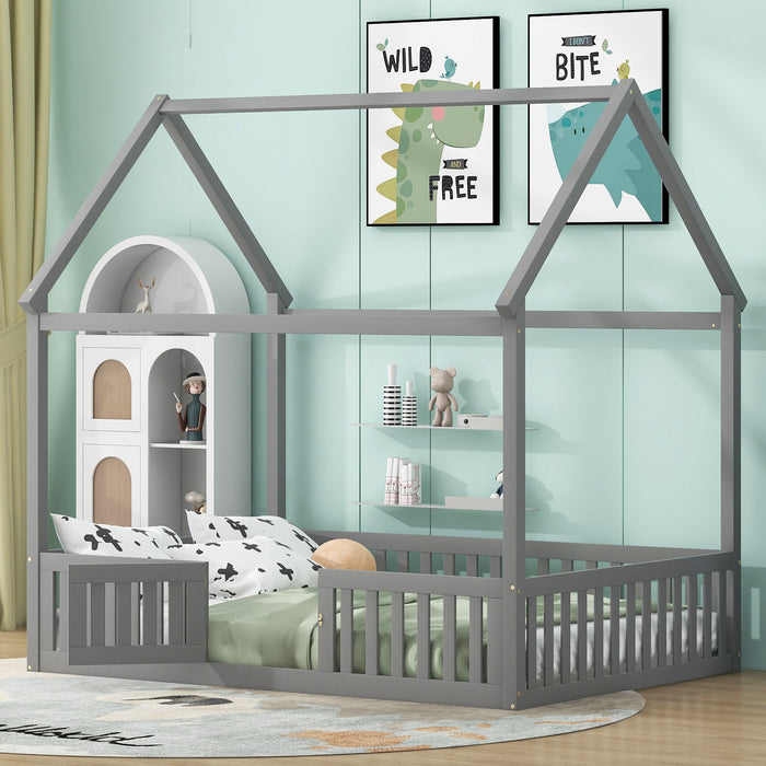 Giga wood house platform bed with fence and door, featuring a cozy and charming design for children's bedroom decor.