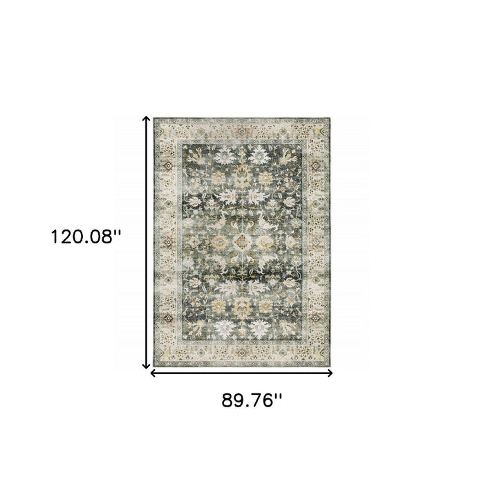 7' x 10' Oriental Printed Stain Resistant Non Skid Area Rug - Gray Charcoal Gold Brown Ivory Pale Sage And Light Blue