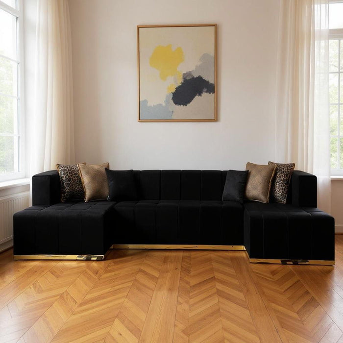 Velvet U-Shaped Three Piece Sofa Chaise Sectional With Toss Pillows - Black