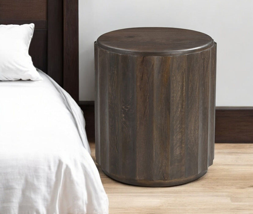 23" Distressed Solid Wood Round Scalloped Drum End Table - Brown