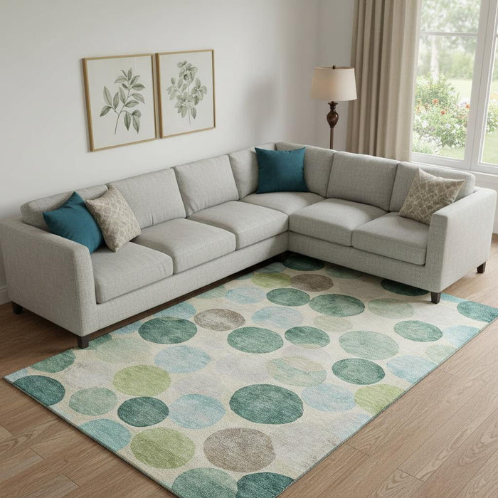 10' X 14' Geometric Washable Area Rug With UV Protection (709228) - Teal / Green / Ivory