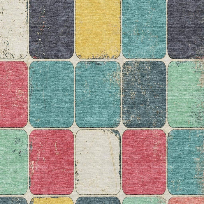 10' X 14' Geometric Washable Area Rug With UV Protection (709138) - Teal / Blush / Yellow