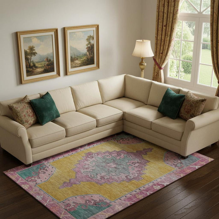 10' X 14' Oriental Washable Area Rug With UV Protection (699460) - Gold / Pink / Teal