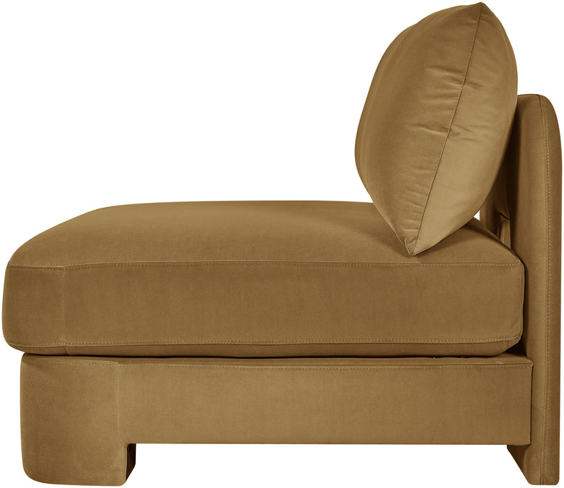Velvet upholstered armless stationary chair by Meridian Furniture featuring a sleek, modern design and plush fabric.