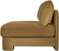Velvet upholstered armless stationary chair by Meridian Furniture featuring a sleek, modern design and plush fabric.