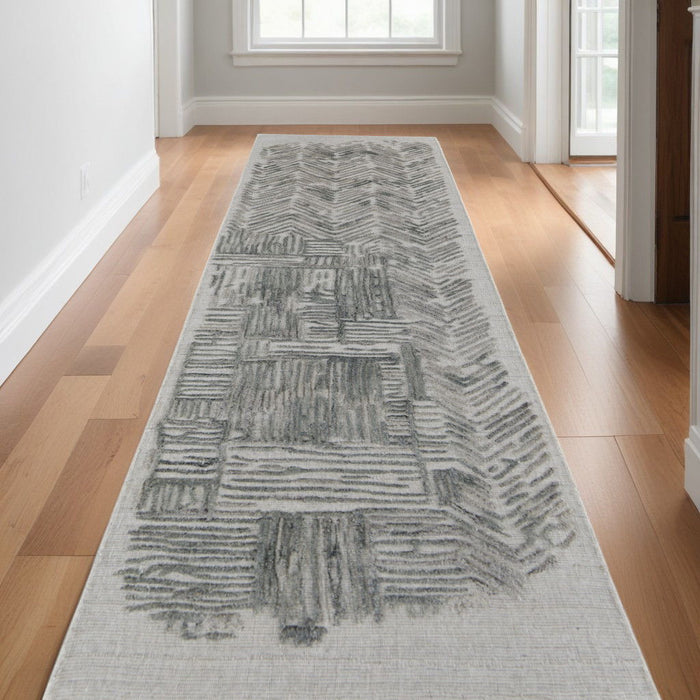 10' Abstract Hand Woven Runner Rug - Green Blue And Ivory