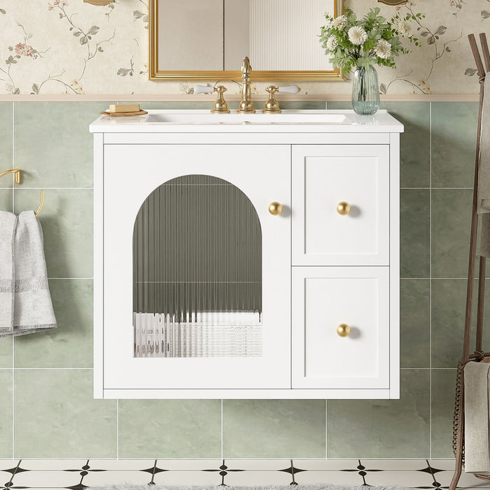 Giga wall-mounted bathroom vanity set with sink, two drawers, and soft-close door, modern design for stylish bathroom storage.