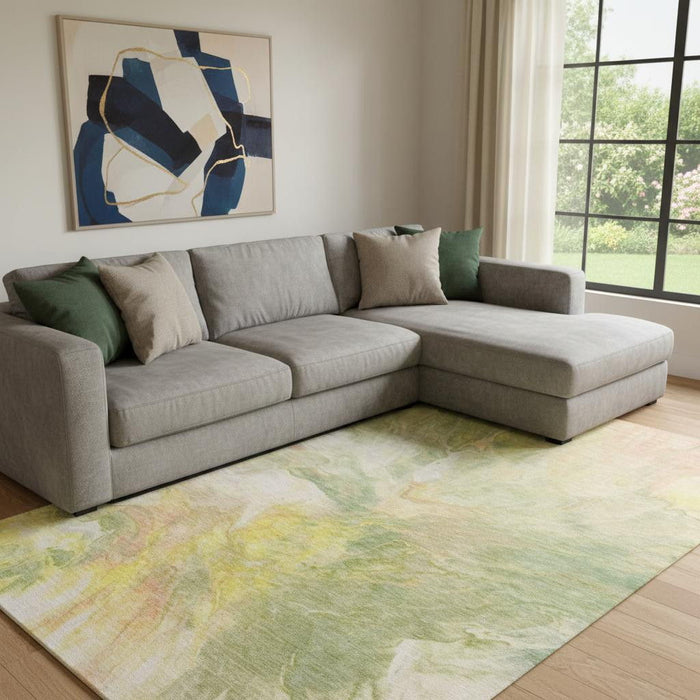 8' X 10' Abstract Washable Area Rug With UV Protection (653486) - Green / Peach / Yellow