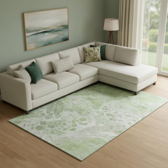 10' X 14' Abstract Washable Area Rug With UV Protection (697728) - Artichoke Green / Ivory / Gray