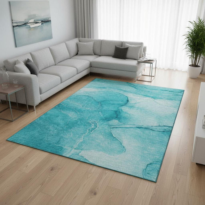 8' X 10' Abstract Washable Area Rug With UV Protection (646886) - Teal / Ivory