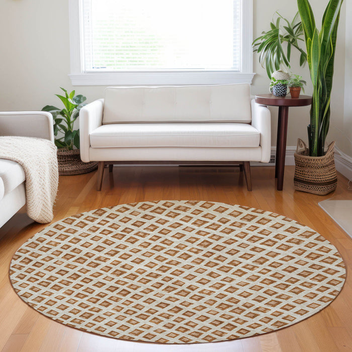 8' Copper Geometric Washable Round Rug With UV Protection - Rust