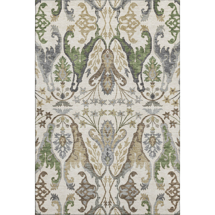 10' X 14' Floral Washable Area Rug With UV Protection (686939) - Ivory / Olive Green / Brown