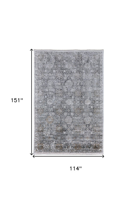 9' x 13' Damask Power Loom Worn Faded Area Rug - Gray And Silver